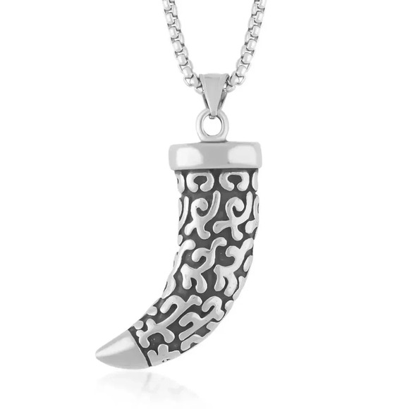Horn Tusk Men's Pendant Necklace (23.5 Inches) in Black Oxidized Stainless Steel - Picture 2 of 4